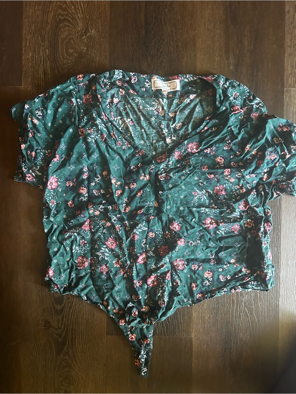 Hippie Rose Green Floral Tie-Front Blouse